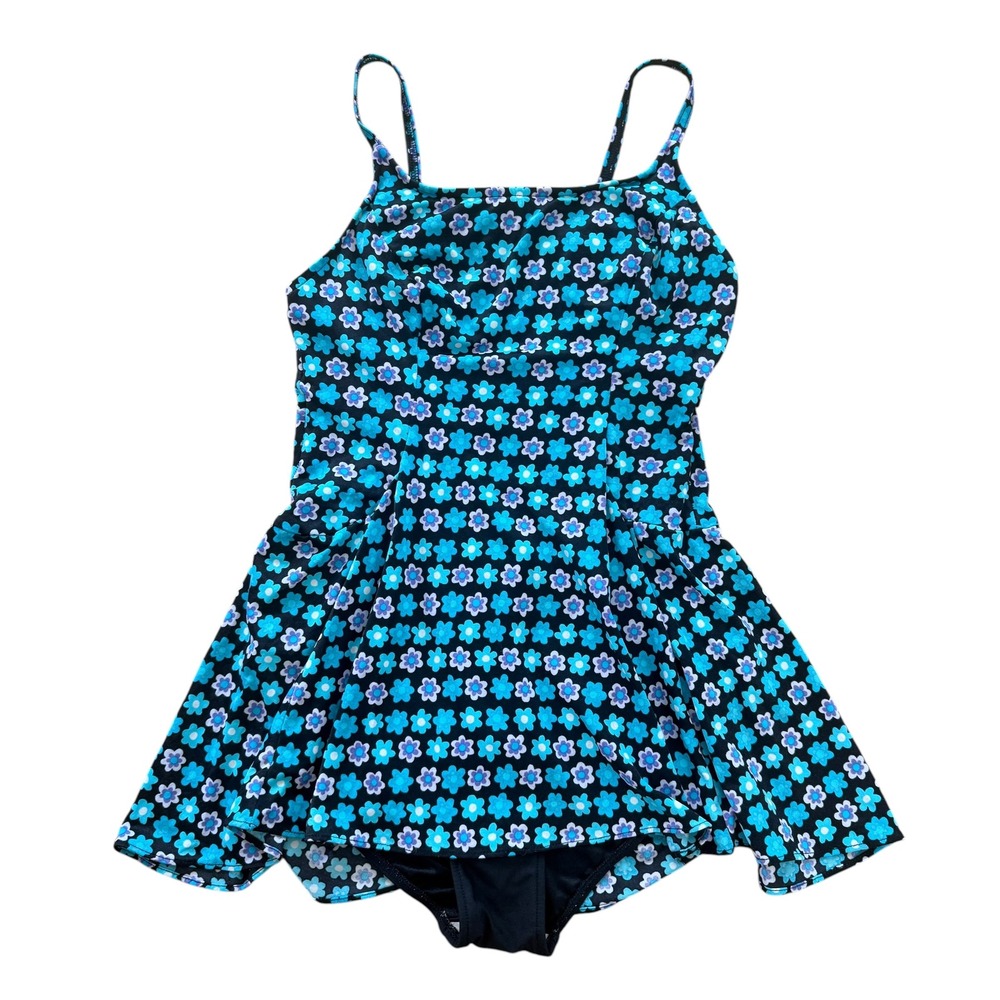 Simply Basic Vintage 90s Floral Swim Dress Skirted One Piece Swimsuit 14 Blue